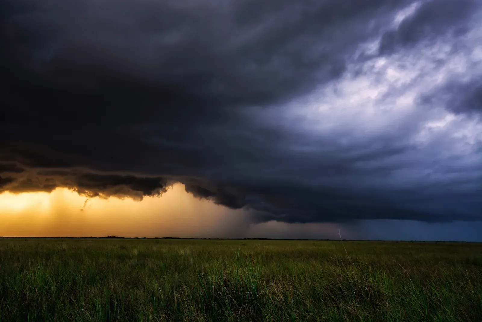Dark thunderstorm clouds over green sawgrass prairie with a glow of sunset on the horizon