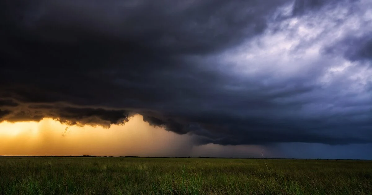 Dark thunderstorm clouds over green sawgrass prairie with a glow of sunset on the horizon