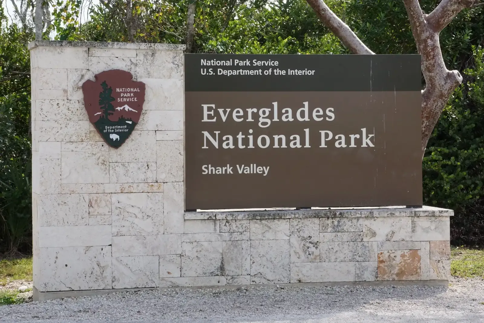 Everglades National Park stone entrance sign at Shark Valley