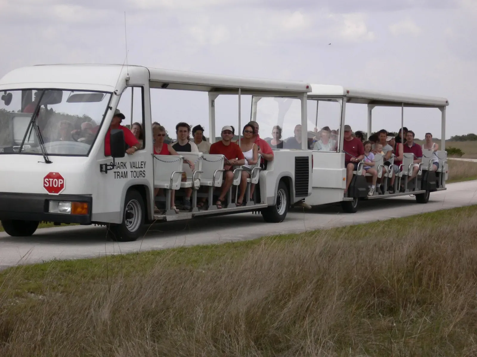 Open-air tram carrying visitors along the Shark Valley loop road